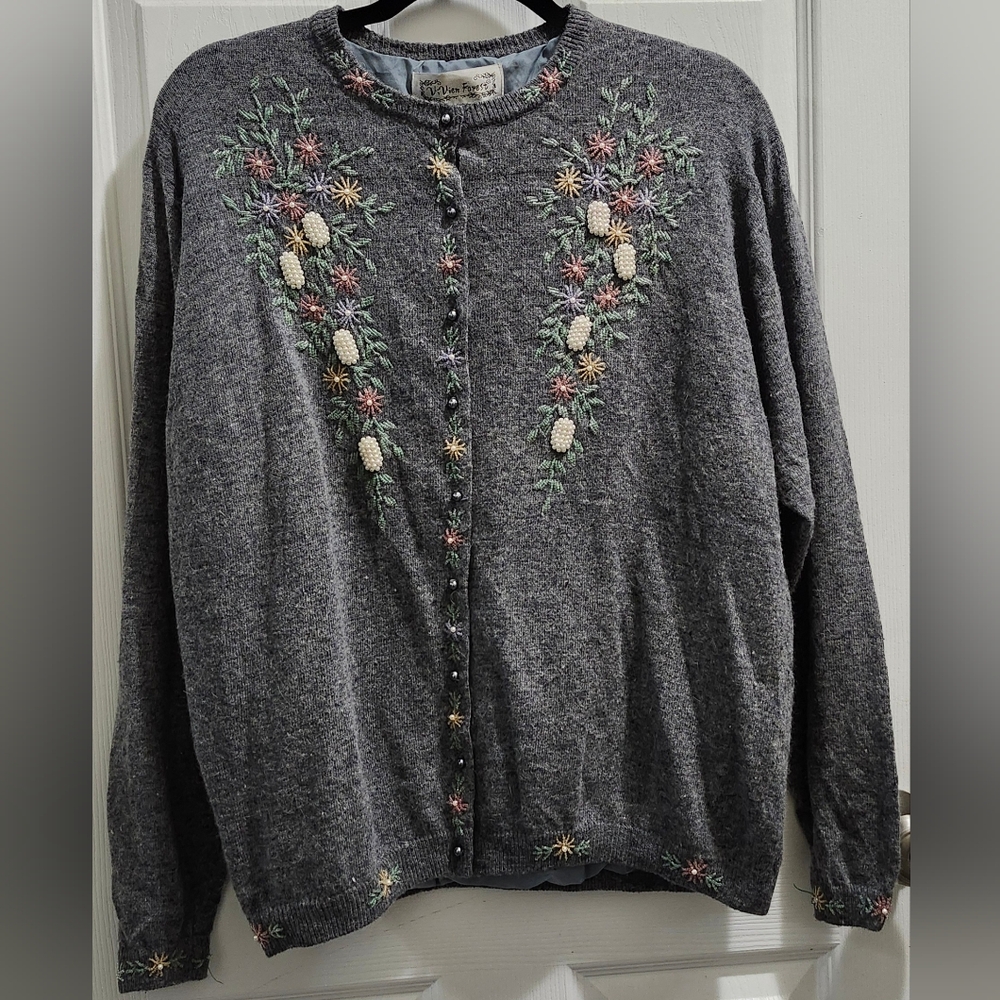Vintage 90s Grey Lambswool Angora Floral Beaded Cardigan Women's possible Medium